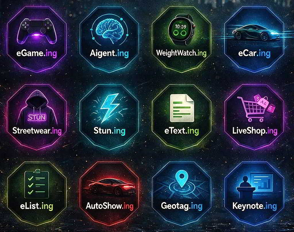 eGame / Aigent / Weight Watching / eCar / Streetwear / Stun / eText / Live Shop /eList / Auto Show / Geotag / Keynote / .ing domain name graphics